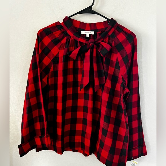 Madewell Tie Neck Popover Top Blouse Small Red Black Buffalo Plaid K2794 Popover - Picture 1 of 4